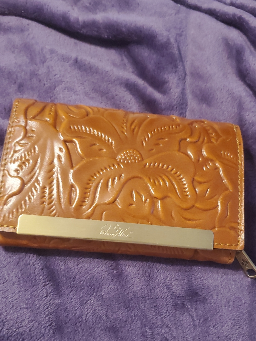Patricia Nash Floral Embossed Leather Wallet - Camel Brown with Gold Accent